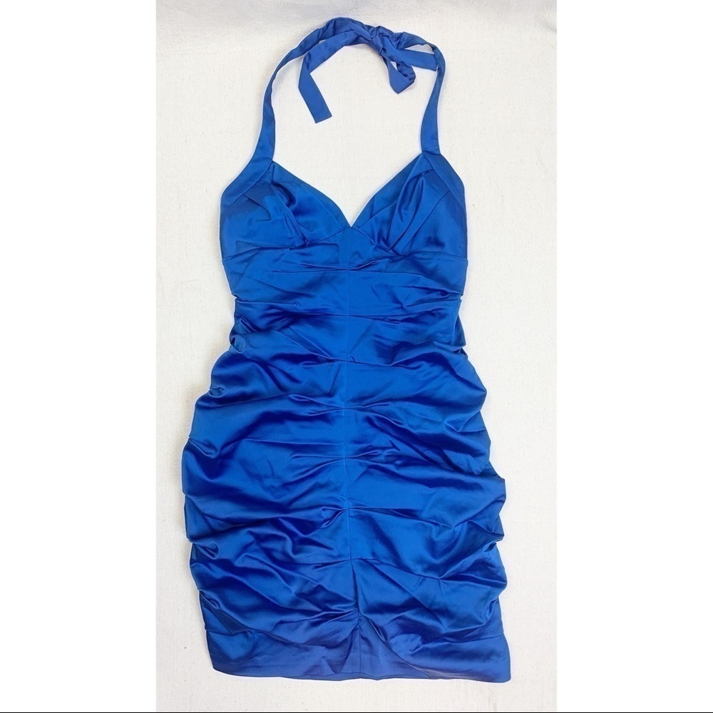 BCBG Royal Blue Ruched Satin Halter Cocktail Dress